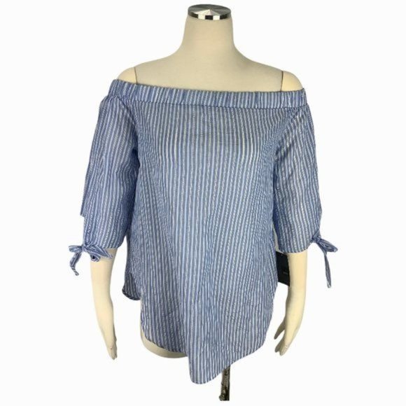 Mossimo Large Top NWT Off Shoulder Blue Stripe Blouse - Picture 2 of 6